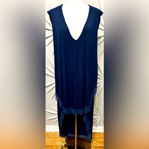 BCBG Maxazria SZ L navy blue hi/low sleeveless dress w/chiffon trim bust 36”-48”